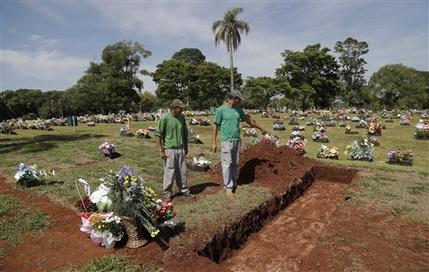 Empleados del cementerio preparan tumbas en Chapecó, Brasil, el 2 de diciembre de 2016, mientras Colombia empieza a repatriar a los fallecidos en el accidente de un avión chárter. Los cuerpos de las víctimas brasileñas viajarán en tres vuelos a Chapecó, la localidad del equipo de fútbol Chapecoense. Miembros del equipo y un grupo de periodistas fallecieron en un vuelo que los llevaba al partido de ida de la final de la Copa Sudamericana cuando el avión se quedó sin combustible y se estrelló en los Andes, en las afueras de Medellín. (AP Foto/Andre Penner)