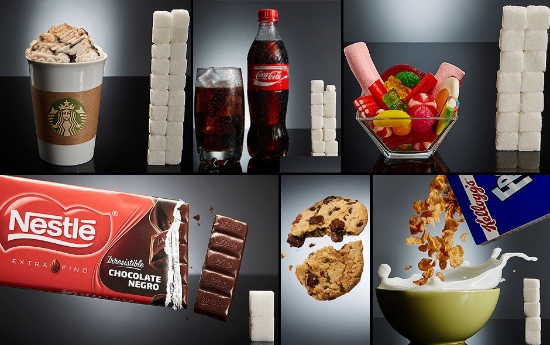 Estos son algunos de los ejemplos que muestra como parte de su investigación. Aquí se muestra cada producto y/o alimento y a su lado la cantidad de cubos de azúcar que contiene en su composición.